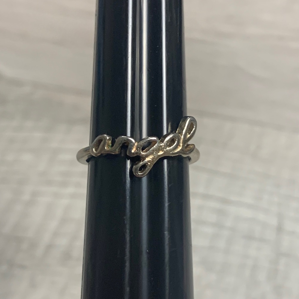 Silver Tone Script Angel Ring Size 7.75 Cursive Dainty Y2K Minimalist Jewelry